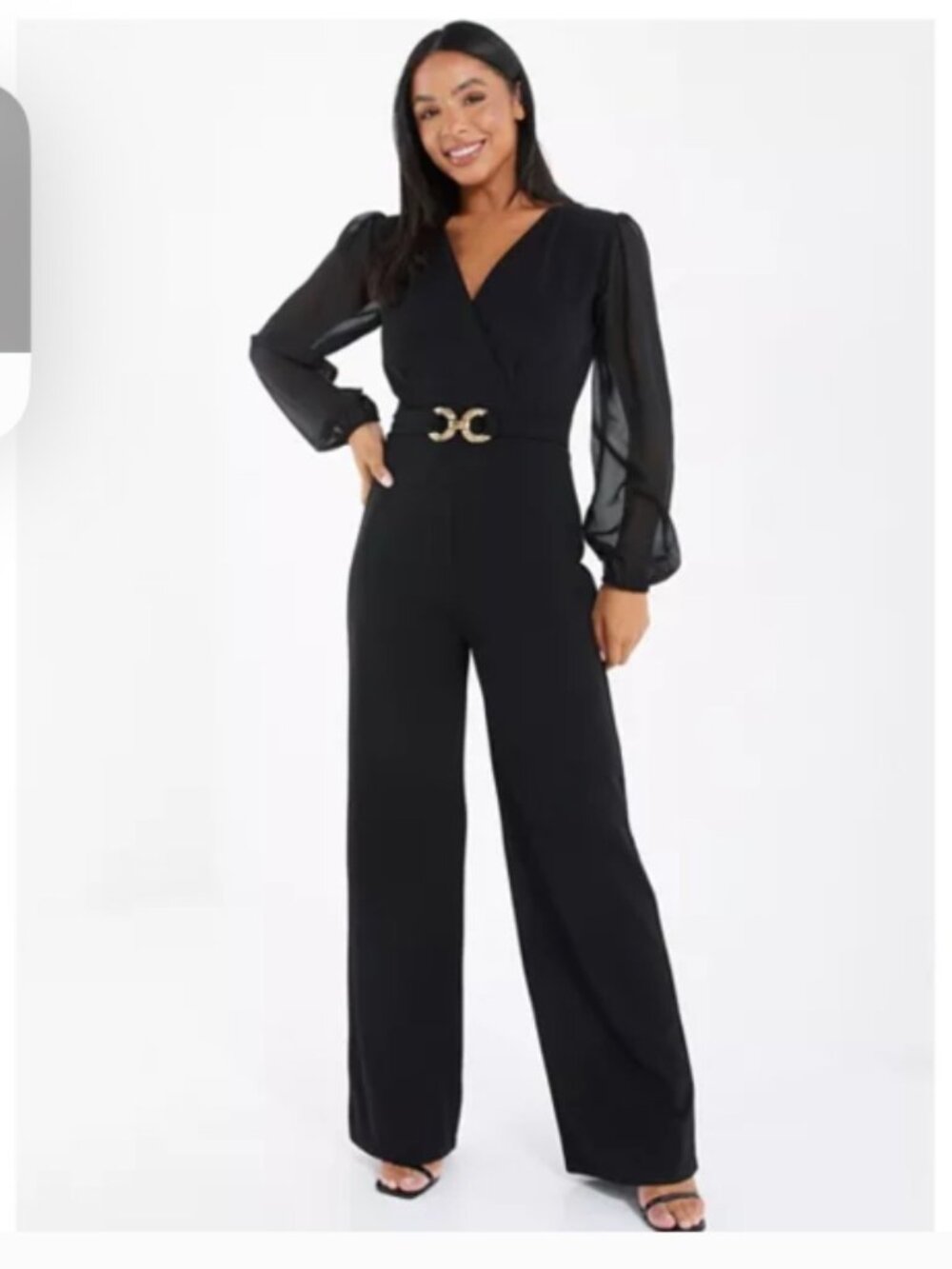 Quiz Black Long-Sleeve Wrap Jumpsuit with Gold Buckle